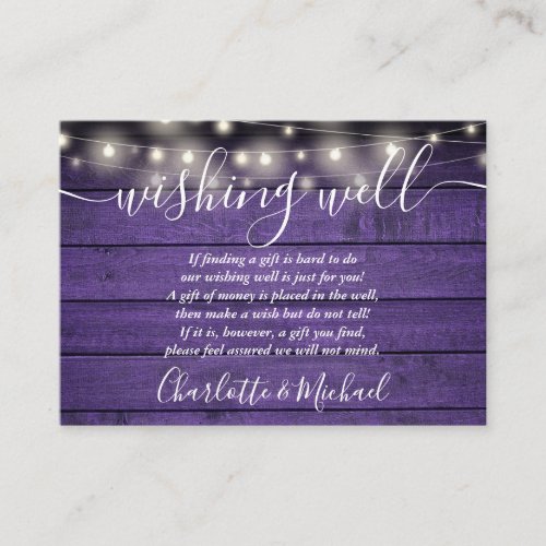 Wishing Well Purple Wood String Lights Wedding Enclosure Card