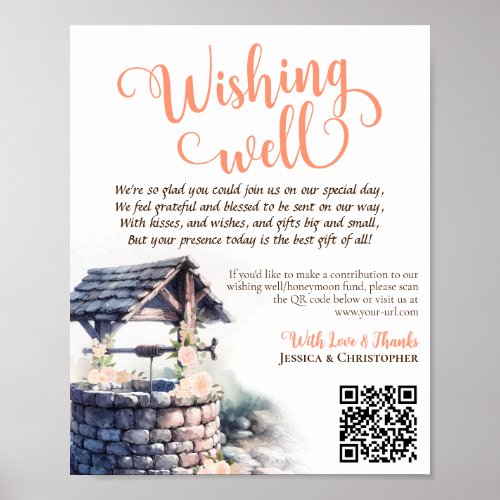 Wishing Well QR Code Coral Peach Roses Wedding Poster