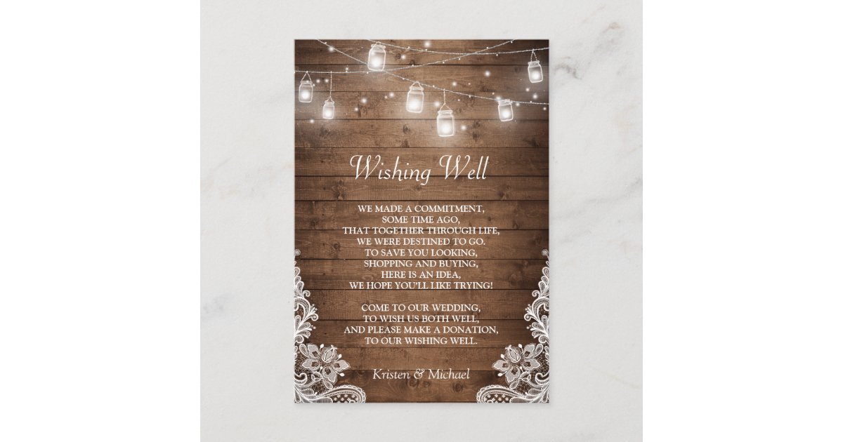 Wishing Well | Rustic Wood Mason Jar Lights Lace Enclosure Card | Zazzle