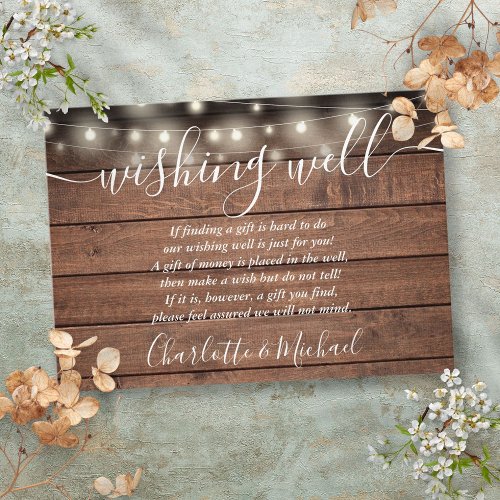 Wishing Well Rustic Wood String Lights Wedding Enclosure Card