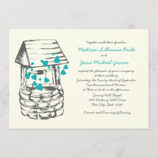 Wishing Well Wedding Turquoise Hearts Invitation