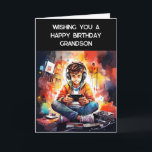 Wishing You a Happy Birthday Grandson | Gamer Card<br><div class="desc">Cute birthday card for a grandson. Little boy playing video games with distressed text. Cute for a pre-teen or a teen.</div>