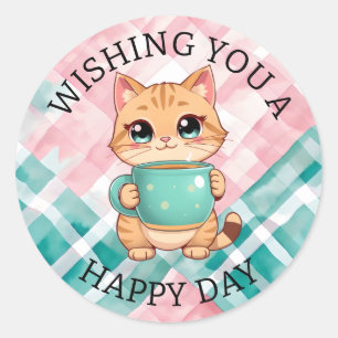 Wishing You a Happy Day Cute Cat Classic Round Sticker