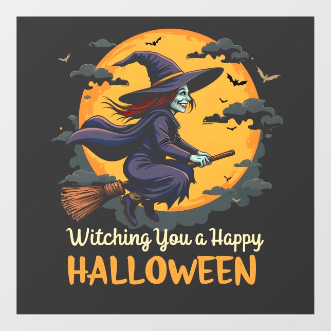 Wishing You a Happy Halloween Witch on Broomstick Window Cling (Sheet)