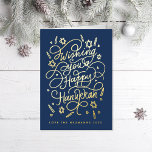Wishing you a happy hanukkah handlettering foil greeting card<br><div class="desc">Handlettered "wishing you a happy hanukkah" blue and gold foil; background color is editable; photos inside optional</div>