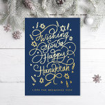 Wishing you a happy hanukkah handlettering foil holiday card<br><div class="desc">Handlettered "wishing you a happy hanukkah" blue and gold foil; background color is editable; photos on the back.</div>