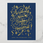Wishing you a happy hanukkah handlettering foil holiday postcard<br><div class="desc">Handlettered "wishing you a happy hanukkah" blue and gold foil; background color is editable; photos on the back. postcard version</div>