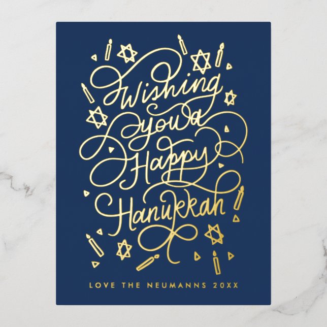Wishing you a happy hanukkah handlettering foil holiday postcard (Front)