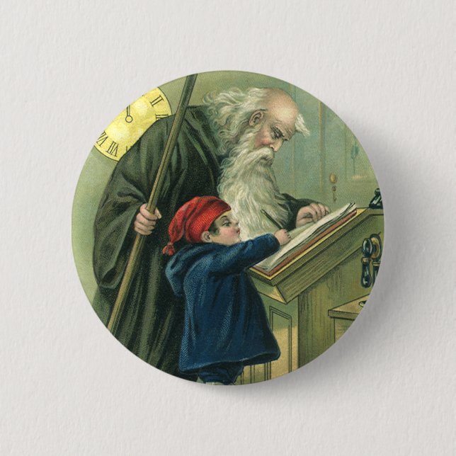 Wishing You a Happy New Year, Vintage Father Time  Pinback Button (Front)