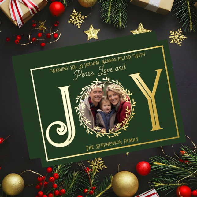 Wishing You A Holiday Season Peace Love and Joy ("Wishing You A Holiday Season ... Peace Love and Joy" Gold Foil Photo Green Christmas Holiday Card)