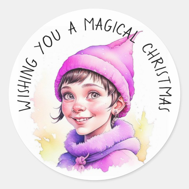 Wishing You a Magical Christmas Vintage Elf Classic Round Sticker (Front)