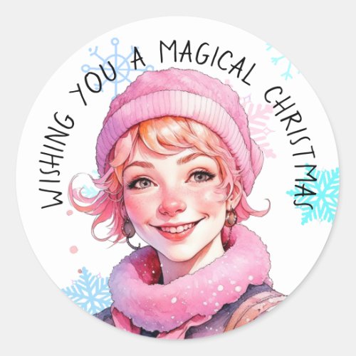 Wishing You a Magical Christmas Vintage Lady Pink Classic Round Sticker