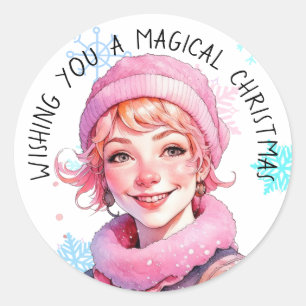 Wishing You a Magical Christmas Vintage Lady Pink Classic Round Sticker