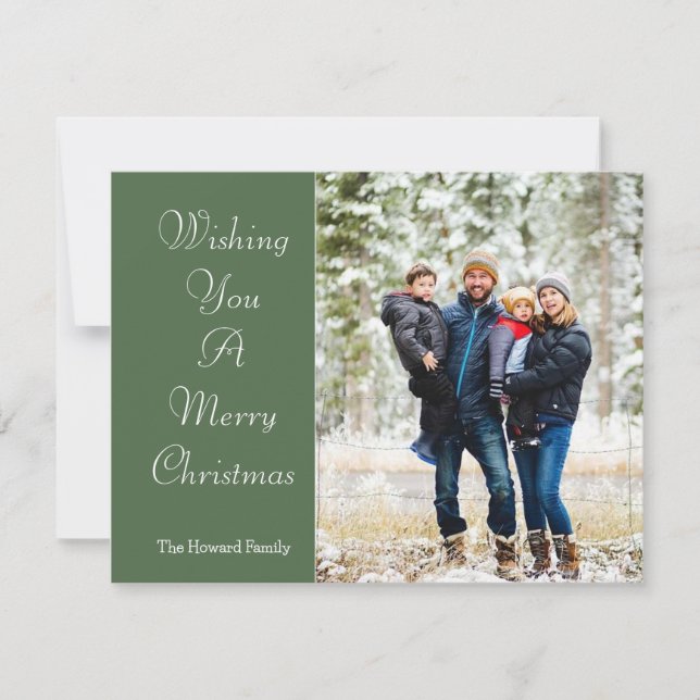 Wishing you a Merry Christmas Green Family Photo Holiday Card (Front)