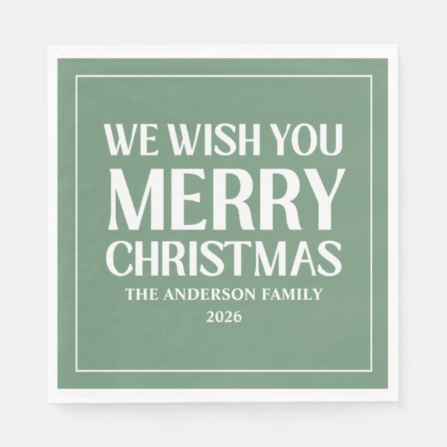 Wishing You A Merry Christmas Holiday Green Napkins (Front)