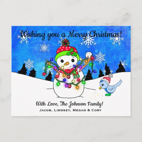 Wishing you a Merry Christmas Lights Snowman Postcard