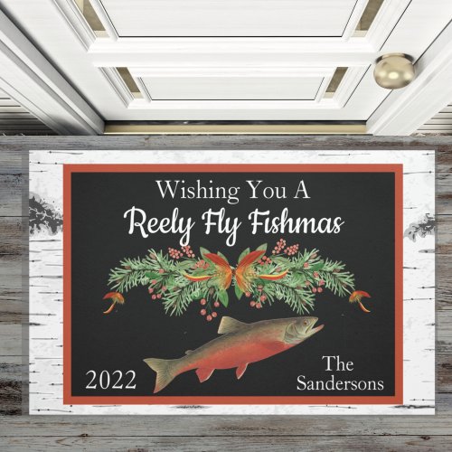 Wishing You a Reely Fly Fishmas Trout Christmas   Doormat