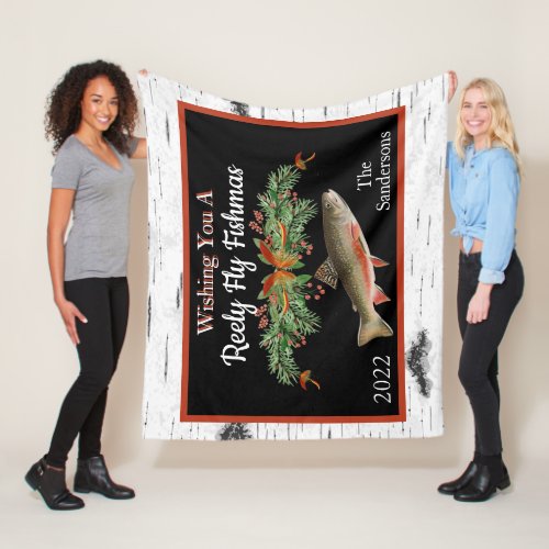 Wishing You a Reely Fly Fishmas Trout Christmas Fleece Blanket