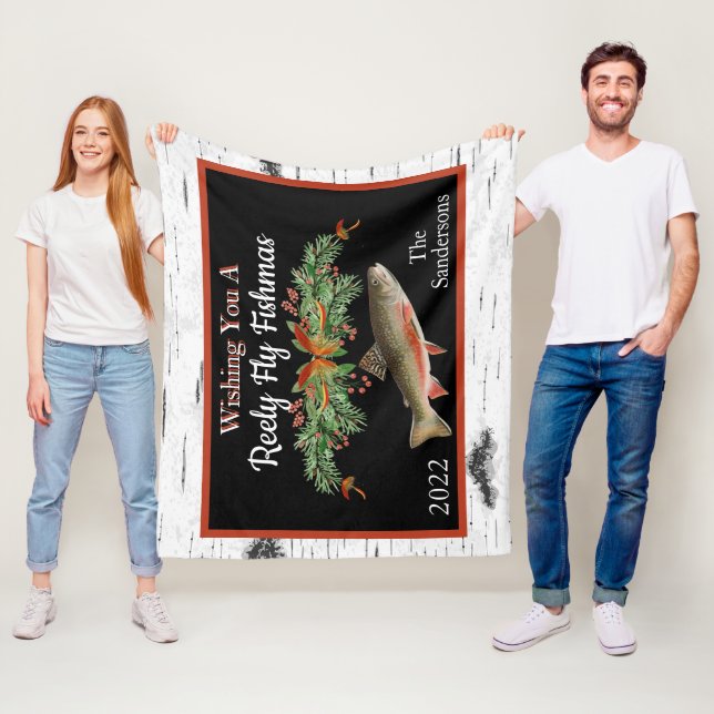 Wishing You a Reely Fly Fishmas, Trout Christmas Fleece Blanket (In Situ)