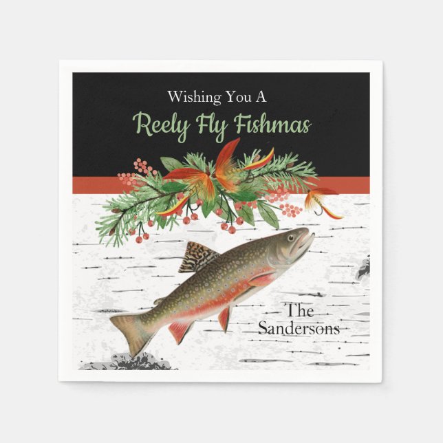 Wishing You a Reely Fly Fishmas, Trout Christmas  Napkins (Front)