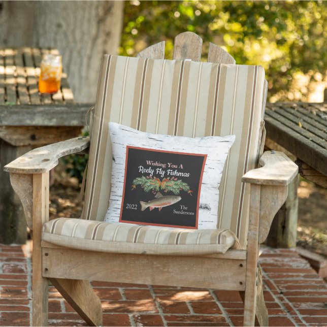 Wishing You a Reely Fly Fishmas, Trout Christmas   Outdoor Pillow (Chair)