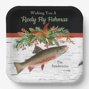Wishing You a Reely Fly Fishmas, Trout Christmas Paper Plates