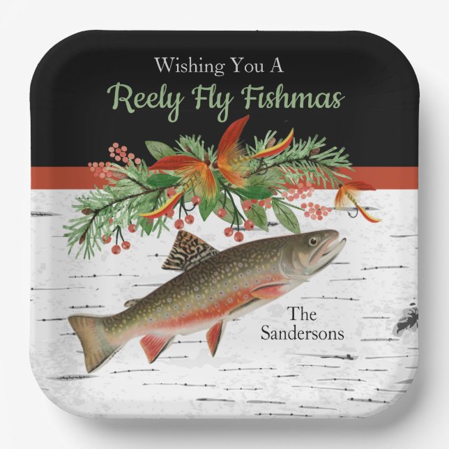 Wishing You a Reely Fly Fishmas, Trout Christmas  Paper Plates (Front)