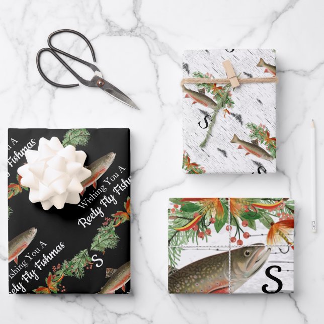 Wishing You a Reely Fly Fishmas, Trout Christmas Wrapping Paper Sheets (Front)