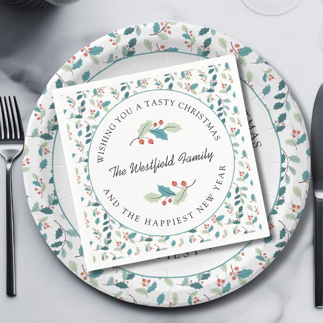 Wishing You a Tasty Christmas Holiday Party Napkins (Wishing You a Tasty Christmas Holly and Red Berries Paper Napkin)