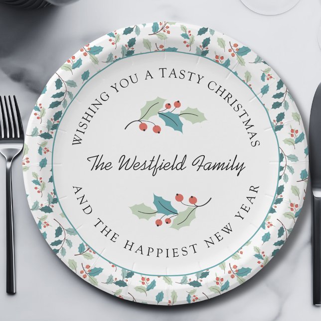 Wishing You a Tasty Christmas Holly Berries Paper Plates (Wishing You a Tasty Christmas Holly and Red Berries Round Paper Plate)
