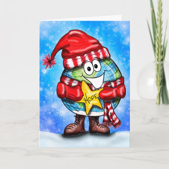 Wishing you a World Of Hope Cartoon Globe Holiday Card (Front)