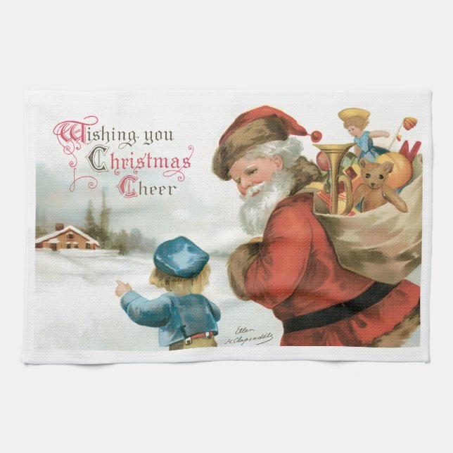 Wishing You Christmas Cheer by Ellen Clapsaddle Kitchen Towel (Horizontal)