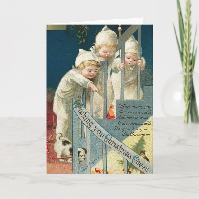 Wishing You Christmas Cheer Kids, Dog on Stairwell Holiday Card (Front)