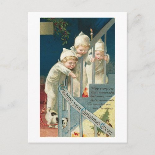 Wishing You Christmas Cheer Kids Dog on Stairwell Holiday Postcard