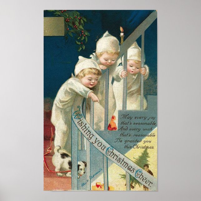 Wishing You Christmas Cheer Kids, Dog on Stairwell Poster (Front)