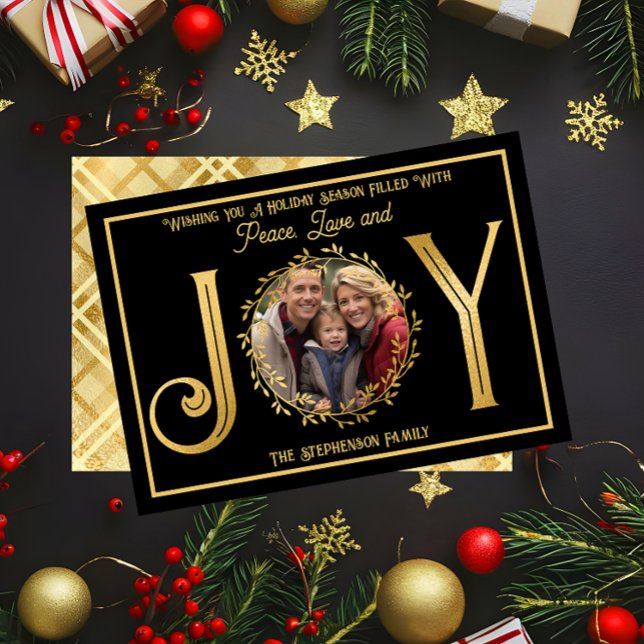 Wishing You Holiday Season Peace Love and Joy ("Wishing You A Season ... Peace Love and Joy" Faux Foil Photo Black Christmas Holiday Flat Card )