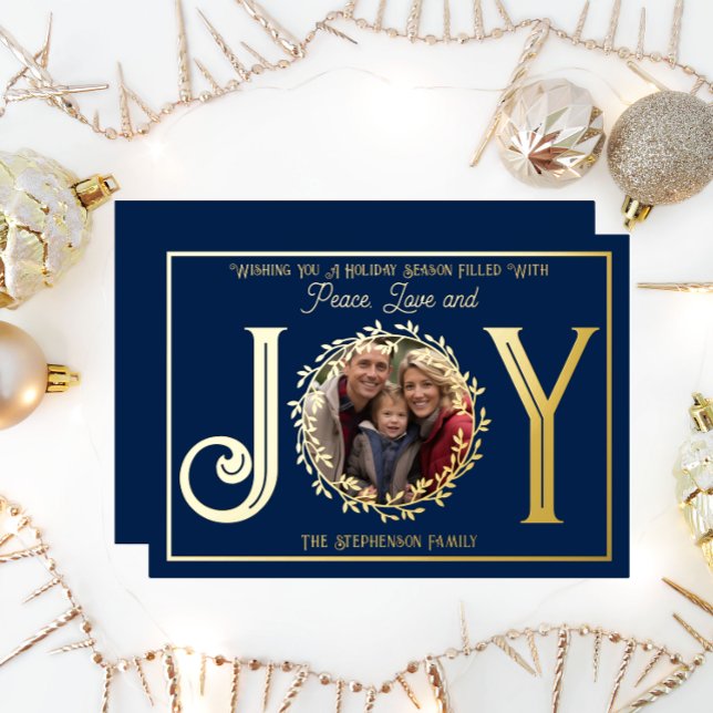 Wishing You Holiday Season Peace Love and Joy ("Wishing You A Holiday Season ... Peace Love and Joy" Gold Foil Photo Blue  Christmas Holiday Card)