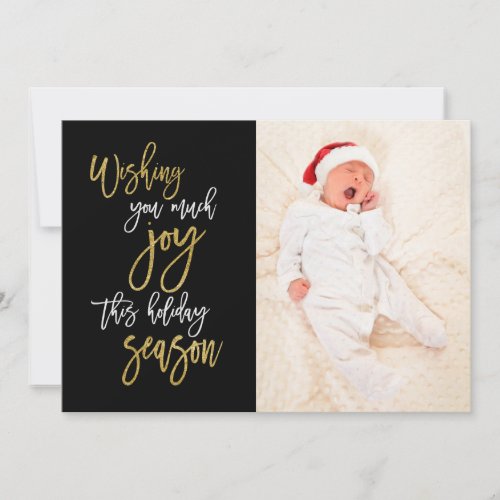 Wishing you Joy White Gold Script Photo Black Holiday Card