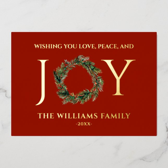 Wishing You Love Peace And Joy Red Christmas Foil Holiday Card (Front)