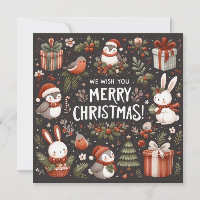 Wishing you Merry Christmas cute Santa bunnies Holiday Card (Front)
