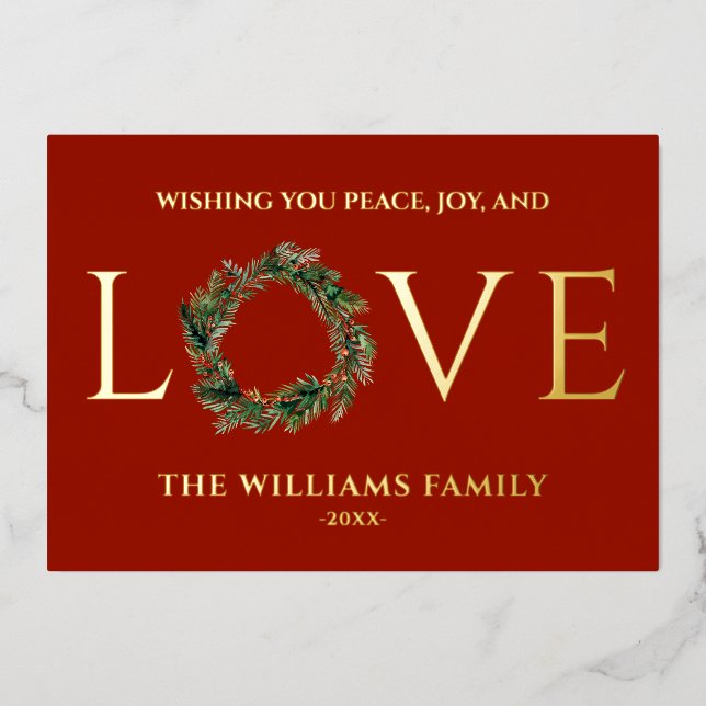 Wishing You Peace Joy And Love Red Christmas Foil Holiday Card (Front)
