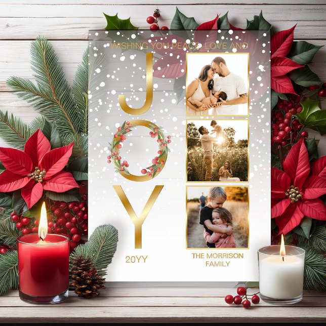 Wishing You Peace Love and Joy 3 Photo Christmas Acrylic Invitations ("Wishing You Peace, Love and Joy" Christmas Holiday Three-Photo Family | Business Acrylic Card)