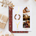 Wishing You Peace Love and Joy 3 Photo Christmas Foil Holiday Card<br><div class="desc">Wishing You Peace, Love and "Joy" Christmas Holiday design featuring a wreath overlaid on the "O" in "Joy" on the left with three photos of your choosing on the right. Simply add the year and your family name to complete the design. The back features a repeat pattern of holiday greenery...</div>