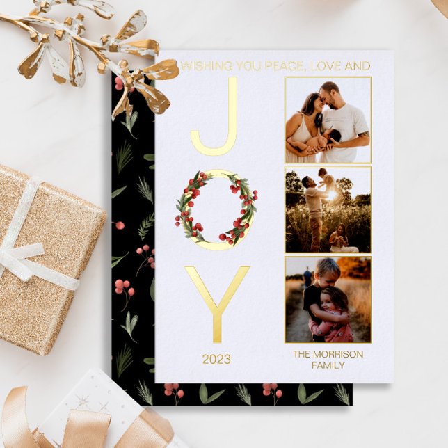 Wishing You Peace Love and Joy 3 Photo Christmas Foil Holiday Card (Real gold foil "Wishing You Peace, Love and JOY" Christmas Holiday Three-Photo Card)