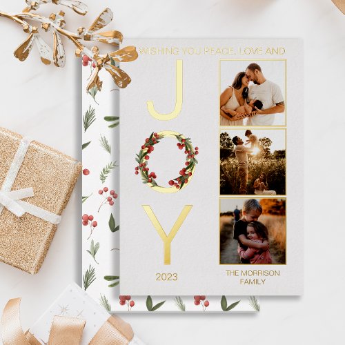 Wishing You Peace Love and Joy 3 Photo Christmas Foil Holiday Card