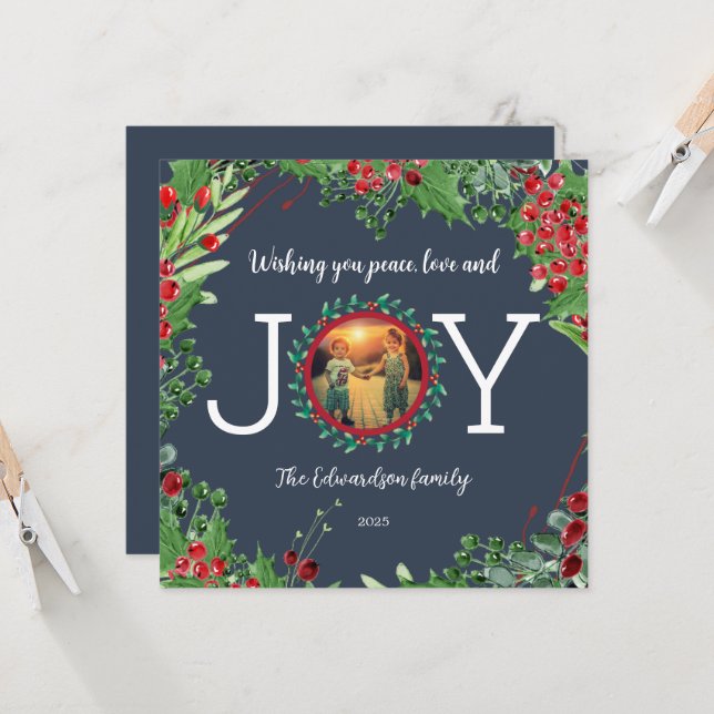 Wishing you Peace Love Joy photo Christmas card (Front/Back In Situ)
