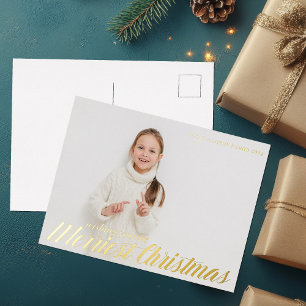 Wishing You the Merriest Christmas Chic Photo Gold Foil Holiday Postcard