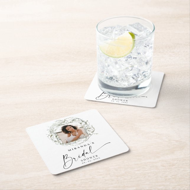 Wisps of Eucalyptus Greenery Photo Bridal Shower  Square Paper Coaster (Insitu)