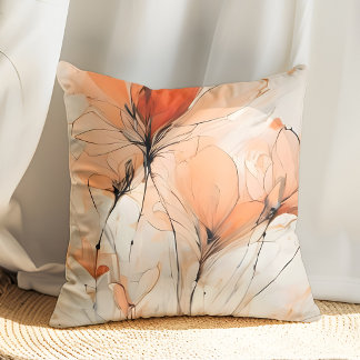 Wispy Abstract Ink Contemporary Floral Throw Pillow