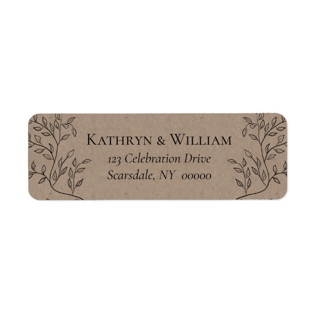 Wispy Black Floral Outlines Kraft Wedding Label (Front)